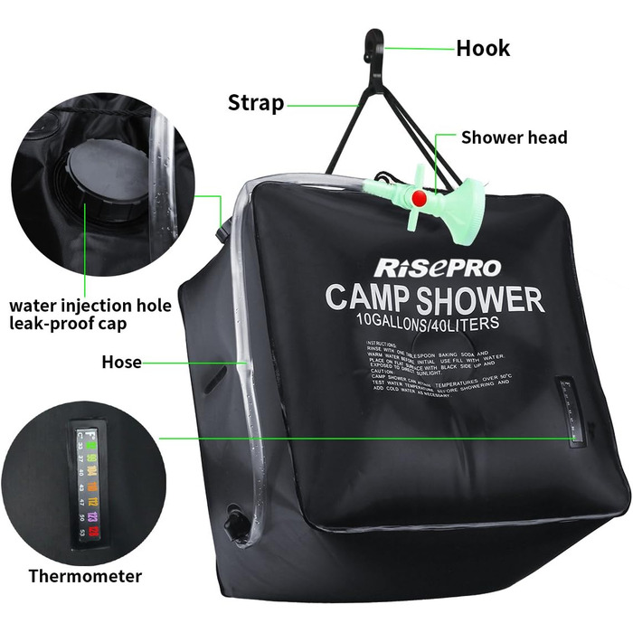 Соняшний душ RISEPRO 40L: портативна душова сумка для кемпінгу, подорожей та активного відпочинку. Нагрів до 45°C. Модель XH07
