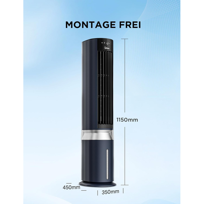 Мобільний охолоджувач повітря Midea Sensicool з 7л резервуаром для води | Без шлангів | 2000 м³/год, 6 швидкостей, сенсорне керування (Блакитний)