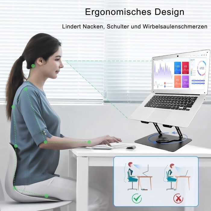 Підставка для ноутбука з регулюванням висоти та поворотним підставою 360°, ергономічна, вентильована, чорна, 10-17 дюймів