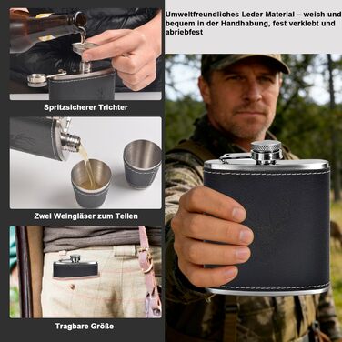 Фляга для чоловіків Jäger з гравіюванням оленя, 180 мл, нержавіюча сталь, комплект з 2 склянок, відкривачем, воронкою, кракею та шкіряним чохлом, аксесуар для полювання