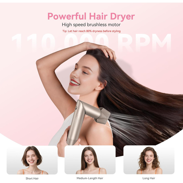 Atopskins 7-в-1 Airstyler: професійний набір для укладки волосся, 110000 обертів/хв, 1400 Вт. Фен-щітка, плойка для локонів, випрямляч, іонізація. Об'єм, сушка, випрямлення, локони (Золотий)