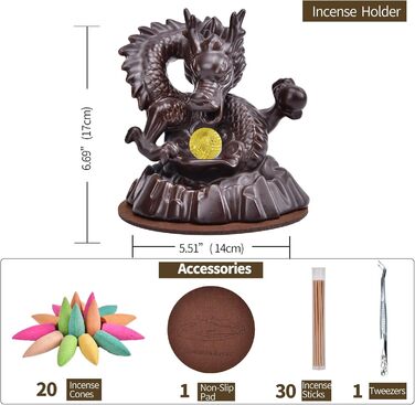 Dragon Backflow Incense Burner, Backflow Incense Holder with 20 Backflow Incense Cones, Home Decor, Ceramic Incense Burner Holder in Exquisite Present Box (Dragon with Bead)
