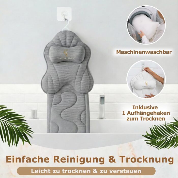 Подушка для ванни повного тіла 126x41см з підголовником - килимок для ванни з підтримкою шиї, спини та ніг. Біла (антрацит). З мішком для прання та гачком для сушки.