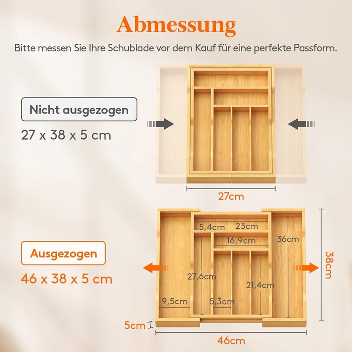 Органайзер для столових приборів Lifewit в шухляду, бамбуковий, 38 см (27-46 см) - розсувний лоток для кухні