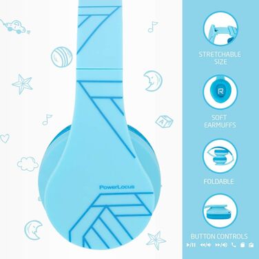 Дитячі навушники PowerLocus Bluetooth з обмежувачем гучності 85dB, складні, з чохлом, Over-Ear, бездротові та з проводами, з мікрофоном, Micro-SD, для телефону, ПК, планшета, блакитні