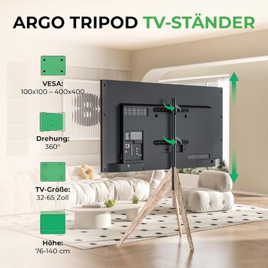 Тринога-підставка для телевізора Argo, поворотна 360°, для ТВ 26-65 дюймів, до 40 кг, VESA 400x400мм, колір старий дуб