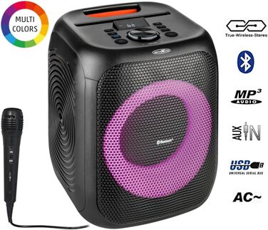 Reflexion PS09BT: Портативна Bluetooth-колонка для вечірок, DJ та караоке, 500 Вт, радіо UKW-PLL, світлодіодний ефект, мікрофон, акумулятор, чорний (PSX11BT)