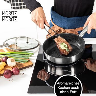 Сковорода Moritz & Moritz антипригарна 28 см індукційна з керамічним покриттям та стільниковою структурою. Сковорода з нержавіючої сталі з високими бортами, підходить для всіх видів плит (з кришкою, Ø 24 см)