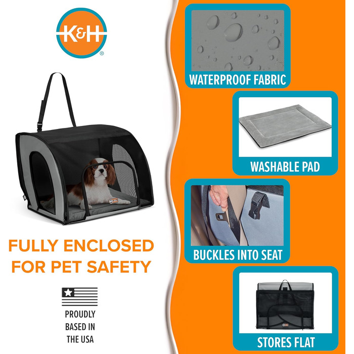 Кенійська переноска для тварин K&H Pet Products для подорожей на авто, сумка-переноска для котів та маленьких собак, портативний вольєр для авто, сірий/чорний, 43.2 x 40.6 x 38.1 см