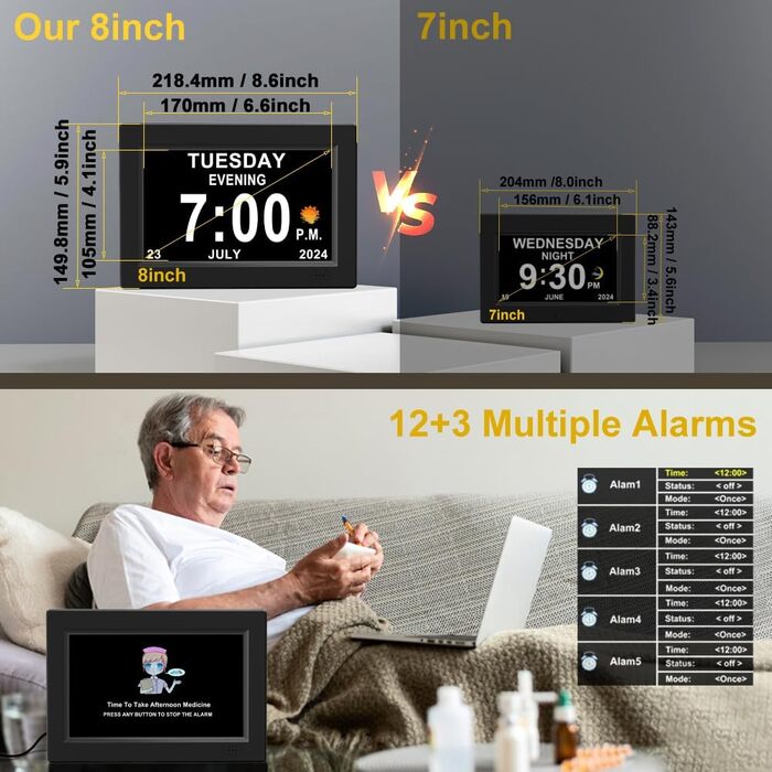 20.3 cm Extra Large Digital Alarm Clock with Limited Visibility, Day and Time for Seniors, Calendar Clock, Automatically Dimming Clock