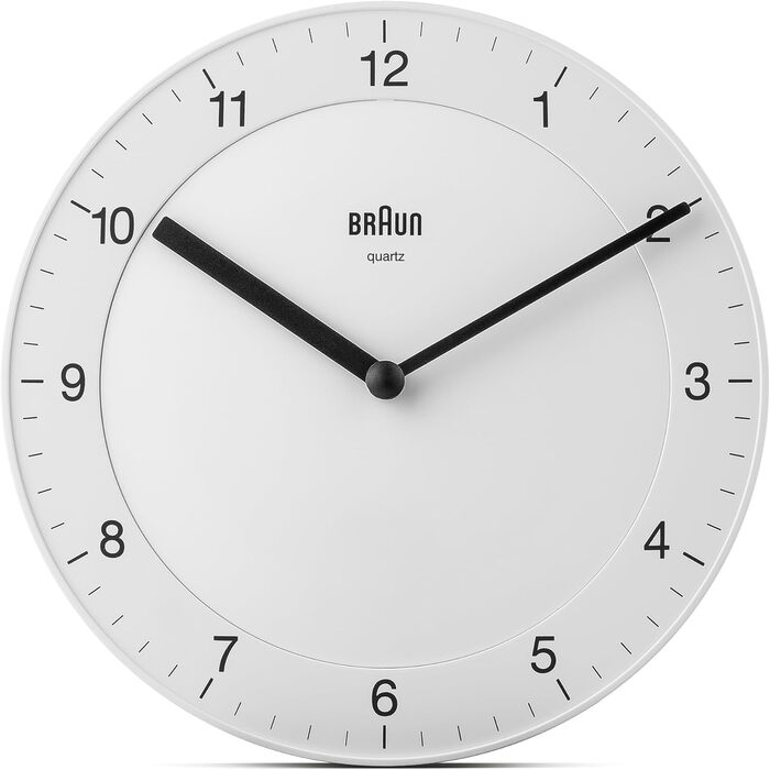 Braun Classic analog wall clock with a quiet quartz movement, easy-to-read dial with a 20 cm diameter in white, model BC06W.