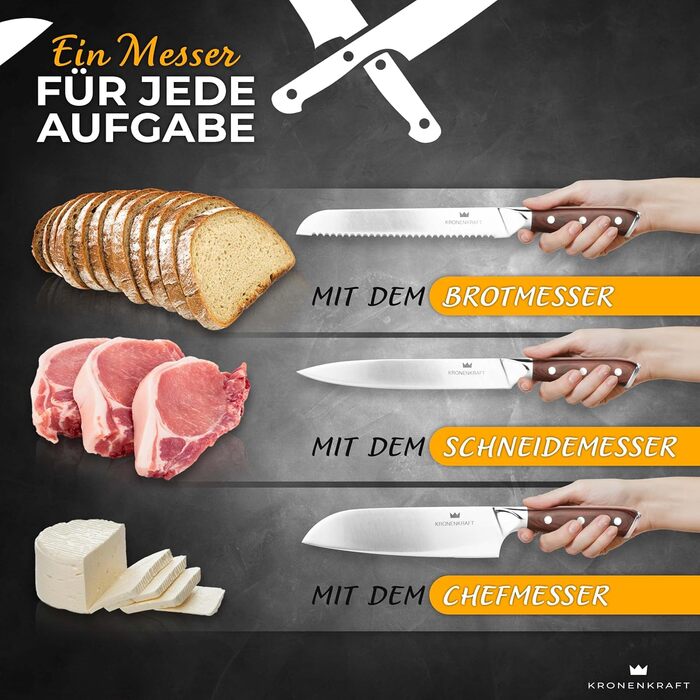 Набір кухонних ножів Kronenkraft 9-ти частинний з підставкою: шеф-ніж, ніж для хліба, сантоку, кухонний ніж, куряча шкребка, точилка. Зручний дерев'яний руків'я.