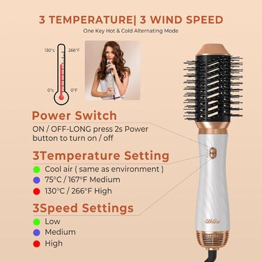 UKLISS 6-в-1 Стайлер для волосся з феном Pro, Набір для укладання волосся: плойка, випрямляч, фен, щітка для укладання, автоматична завивка, іонізація, Airbrush, подарунковий набір для жінок, блакитний (золотий)