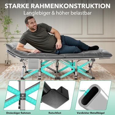 Розкладне ліжко Feldbett з матрацом, до 208 кг, сіре, XL 190x71x35 см - для кемпінгу, саду, пляжу, гостей