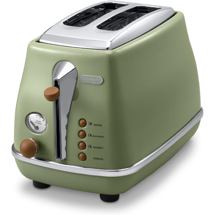 Тостер De'Longhi Icona Vintage CTOV 2103.GR Olive Green – 2 слоти, підставка для булок, 6 рівнів підсмажування, функція підігріву та розморожування, з нержавіючої сталі, ретро-дизайн