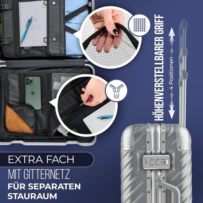 Валіза ручної поклажі 20 дюймів (срібна) з алюмінієвим каркасом, водонепроникна, з кишенями для ноутбука та захистом кутів | Валіза на колесах, екстра стабільна