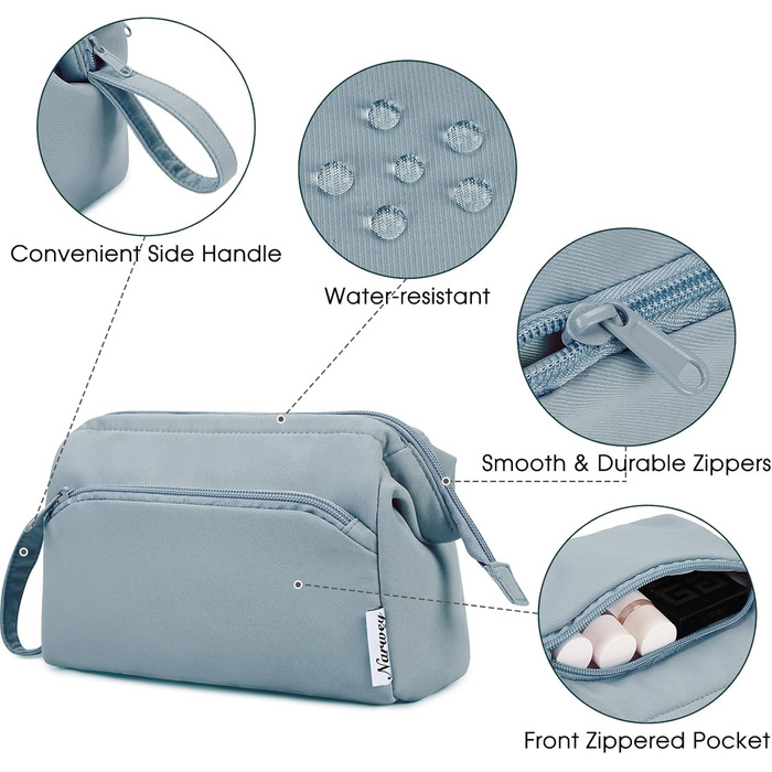 Косметичка для жінок Narwey: дорожня, велика, з широким відкриванням (сіро-блакитний)