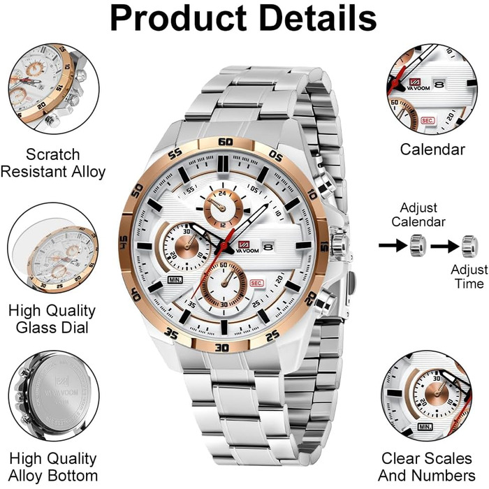 Годинник чоловічий OFF-CUP: аналоговий кварцовий хронограф з водонепроникним браслетом з нержавіючої сталі, з датою. Модний годинник для повсякденного та ділового стилю, класичний елегантний подарунок (рожево-золотий/білий)