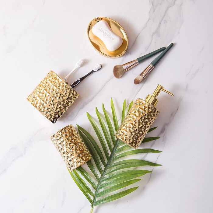 Набір аксесуарів для ванної кімнати з кераміки, золото: мильниця, тримач для зубних щіток, стаканчик та мильниця. Стильний декор для раковини, подарунок на новосілля