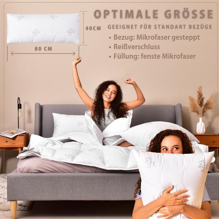 Подушка sei Design 40x80 см, дихаюча, мікрофібра 650 г, екстра м'яка, регульована жорсткість, на блискавці, ортопедична для сну, для бокового сну, стьобана Swan