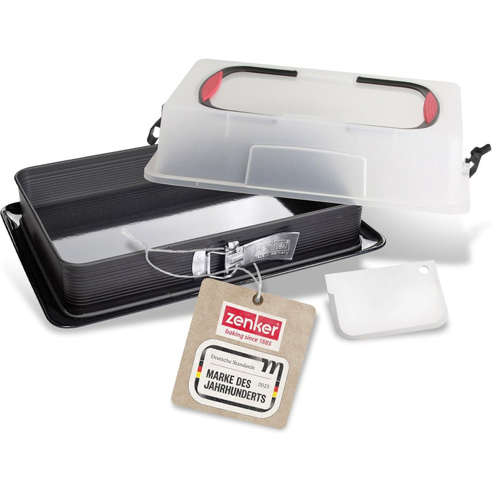 Zenker Rectangular Springform Pan with Lid DELUXE, Cake Transport Box with Enamel Base, Baking Sheet with Lid (Color: Black/Transparent/Red), Quantity: 1 Piece