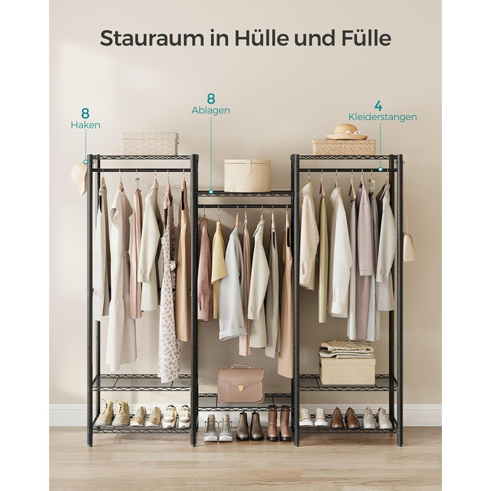SONGMICS Clothes Rack, Open Wardrobe, Metal Coat Rack, Coat Stand with Adjustable Shelves and Clothes Rails, Hooks, High Load Capacity, Detachable, Cloud White LGR431W01 (Ink Black)