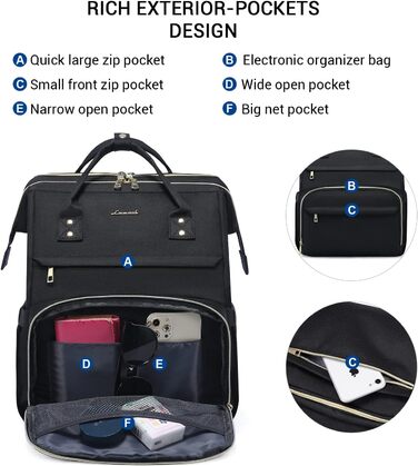 LOVEVOOK Рюкзак для жінок, шкільний рюкзак, рюкзак для ноутбука, водонепроникний, з USB-портом, для університету, школи, роботи, подорожей, темно-сірий, чорний, 17'