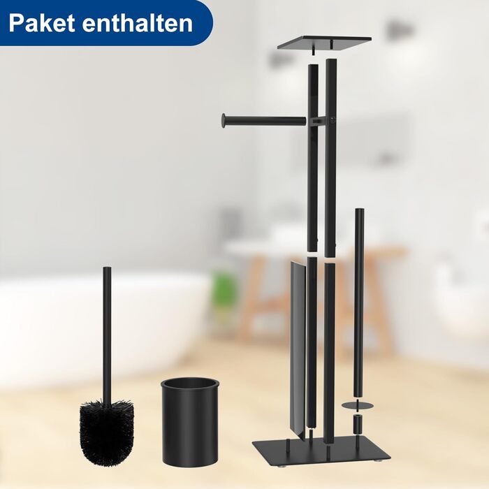 Stainless Steel Toilet Paper Holder with Brush and Wipes Box - Standing Toilet Paper Dispenser with WC Brush and Cover - Black Finish