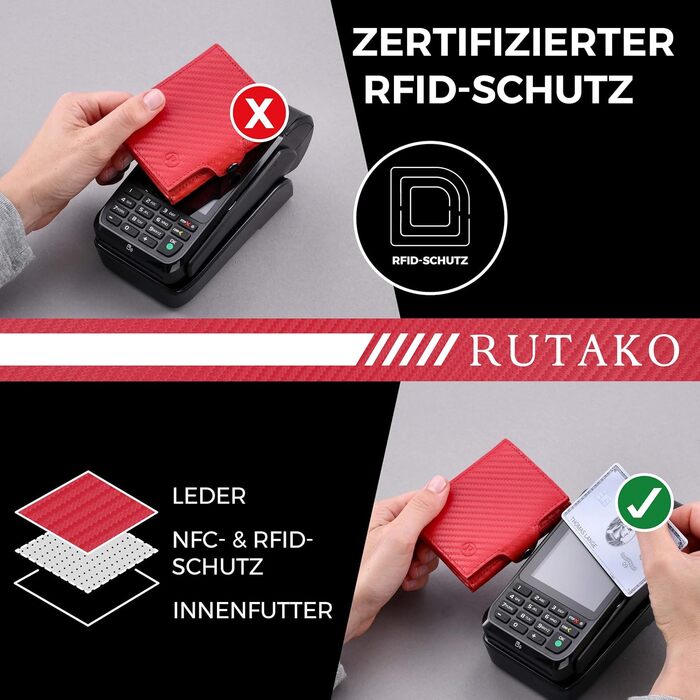 RUTAKO Slim Wallet with XL Coin Pocket & RFID Protection - Card Holder for Men & Women - Small Credit Card Holder - Mini Wallet - Purse/Wallet Small - Wallet Carbon Red
