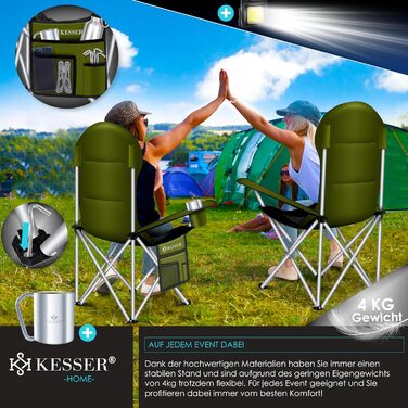 Крісло для кемпінгу KESSER® розкладне, до 150 кг, для риболовлі, з підлокітниками, високою спинкою, пляшкотримачем, світлом, сумкою, бежевий/чорний