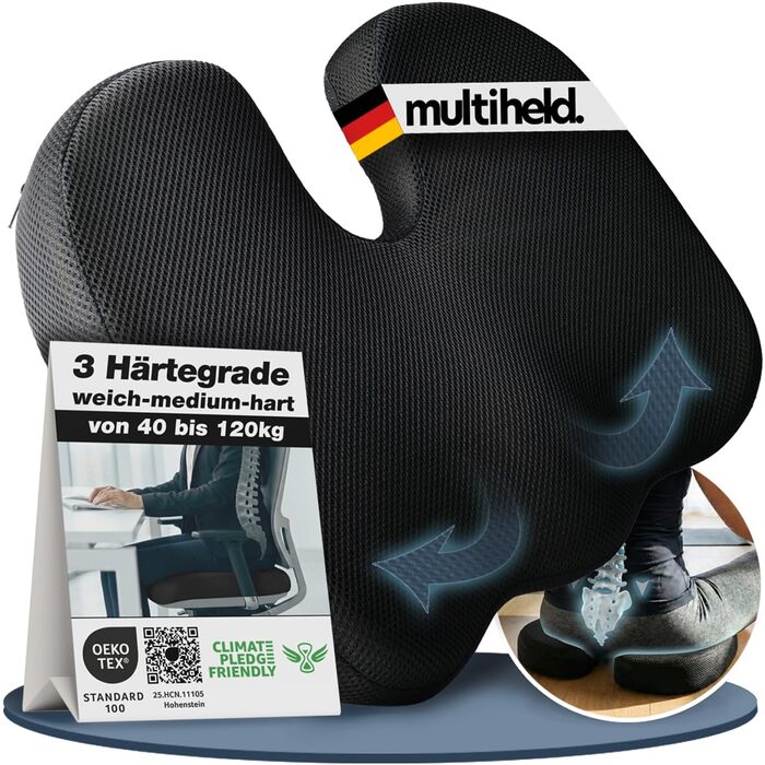 Ортопедична подушка для сидіння Steißbein з Memory Foam, 3 ступені жорсткості. Для офісного крісла, авто, дому. Розвантаження при тривалому сидінні. Чорний, 60-90 кг.