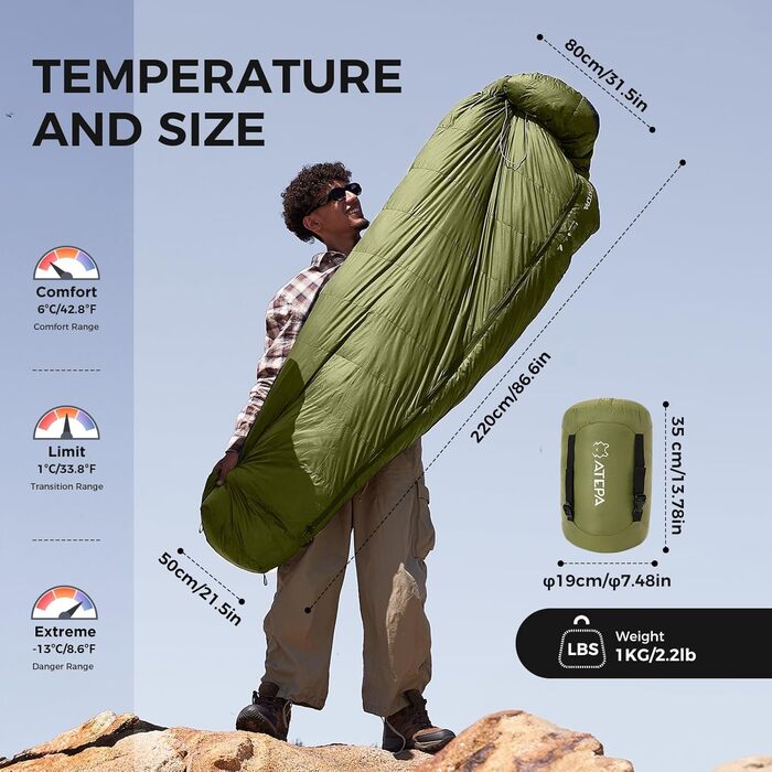 Спальний мішок ATEPA 0°C, чорний, для дорослих, 4-сезонний, водонепроникний, комфортна температура 6°C, межа 1°C, для кемпінгу та подорожей