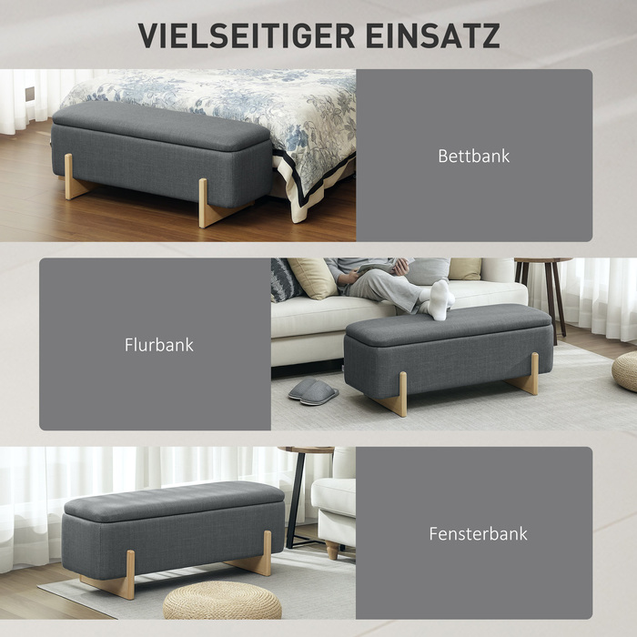 HOMCOM Storage Ottoman, Upholstered Bench with Foam Padding, Linen-Look Fabric, 111 x 44 x 44.5 cm, Dark Gray