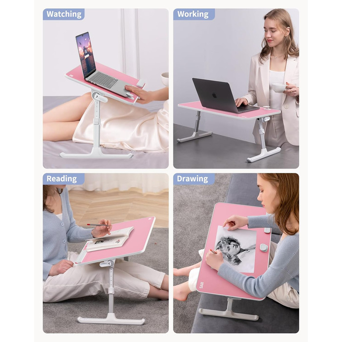 SAIJI Підставка для ноутбука на ліжко - регульована висота, складний столик для дивану/підлоги, для роботи/навчання/читання/їжі, підходить для ноутбуків до 17 дюймів (52*30 см), Рожевий