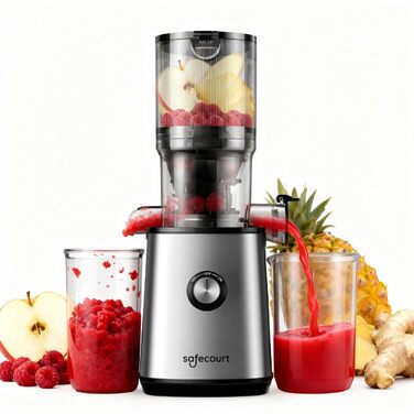 Електрична повільна соковижималка Safecourt для овочів та фруктів (Slow Juicer) з XXL завантажувальним отвором, срібляста