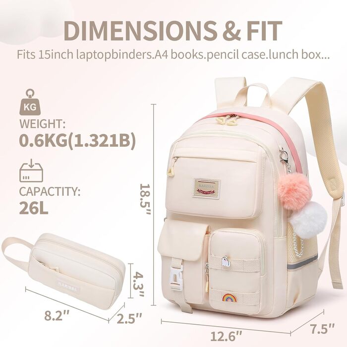 Дитячий рюкзак для підлітка, для школи, з відділенням для ноутбука, для подорожей, 17 літрів, бежевий