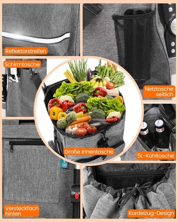 Складаний візок для покупок Homecall 50L з охолодженням, 3-в-1: візок, сумка на колесах, тачка (темно-сірий, сходинкові колеса)