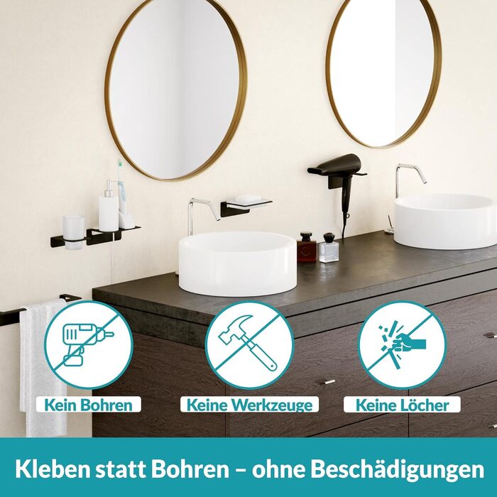 WEISSENSTEIN Toothbrush Holder without Drilling | Cup and Toothbrush Holder for Gluing to the Wall | Stainless Steel Holder and White Glass | in Matte Black