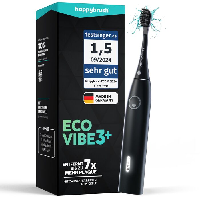 Електрична зубна щітка happybrush Eco Vibe 3+ (Чорна) - Ультразвукова, 8 тижнів роботи від акумулятора, 2 роки гарантії