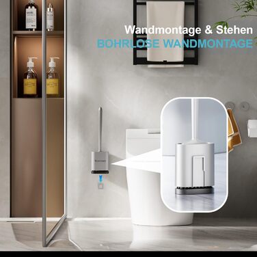 Щітка для унітазу з силікону Waretary з тримачем, нержавіюча сталь, гнучкий наконечник, швидке висихання, для ванної кімнати (срібляста)