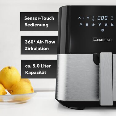 Clatronic® XXL Hot Air Fryer - 5L Fryer | Hot air for fat-free frying | Stainless steel air fryer with digital touchscreen | 360° Air-Flow | Hot air fryer with 8 programs | FR 3782 H