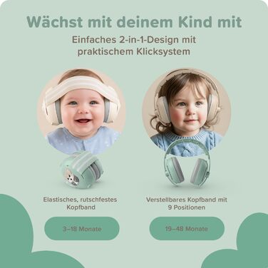 Навушники шумоізоляційні дитячі 3-48 місяців - захист слуху для малюків 25dB, шумопоглинання - м'які дитячі навушники з еластичним регульованим обручем (зелені)
