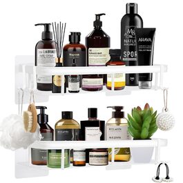 Дзеркальна поличка для душу без свердління, 2 шт. Біла, з нержавіючої сталі, з 4 гачками та 8 клейких поверхонь. Підходить для ванної кімнати та кухні.