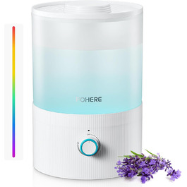 Ультразвуковий зволожувач повітря FOHERE 3.2L для спальні та дитячої кімнати, з верхнім заливом, холодною парою, функцією дифузора ефірних олій, 7-кольоровою підсвіткою, тихий, BPA-free, білий
