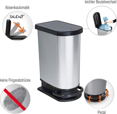 Сміттєвий бак Rotho Paso на 50л з педаллю та кришкою, пластик (PP) BPA-free, колір carbonmetallic (сріблястий металік), 44x29x67 см