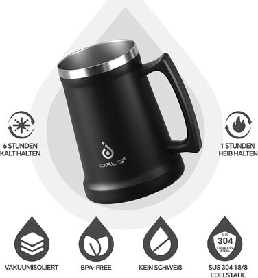 Термокружка для пива Ideus® з нержавіючої сталі, 710 мл, 24oz, з ручкою, для Октоберфесту (чорна)