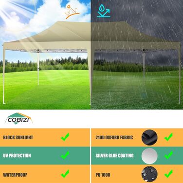 COBIZI Pavilion 3x3 Waterproof, Stable, Winter-Proof Party Tent, Folding Pavilion 3.0, 100% Waterproof and UV 50+ Portable High-End Portability Garden Pavilion, (Khaki, 3x6 with 6 Side Walls)