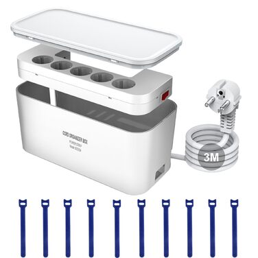 Мережевий фільтр із кабельною коробкою: 5 розеток, 3 USB-порти, органайзер для кабелів, білий кабель 2м