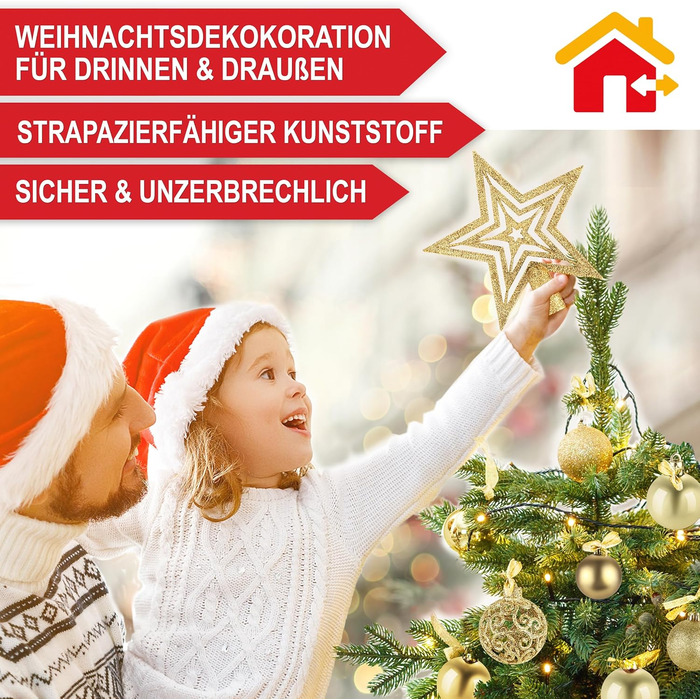 Набір прикрас на ялинку 128 шт. – 1x верхівка зірки, 127 шт. кульок, упаковка, ялинковий декор для дому та вулиці з пластику, 5 карток (золотий)