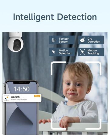 Дитячий відеомонітор Arenti з камерою та додатком, 5' дисплей, 1080P, PTZ, датчик температури, колискові, нічне бачення, 2-сторонній аудіо, VoX, автоматичне відстеження B2
